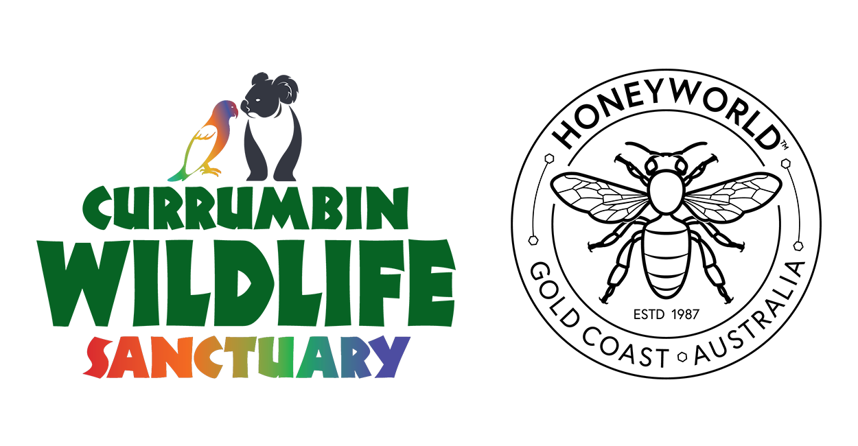 Logos of Currumbin Wildlife Sanctuary and Honeyworld Gold Coast Australia on a white background